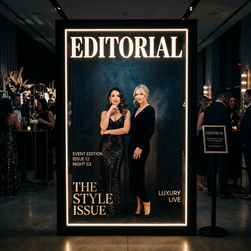 Magazine editorial photo booth setup with fashion-style lighting for events